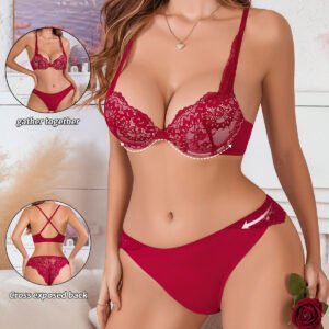 Red Lace Bra and Panty Set - Underwire Push-Up with Adjustable Straps
