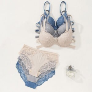 Floral Lace Push-Up Bra and Panty Set - Underwire Mid-Rise Bikini Briefs