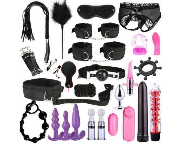 26-Piece Couples Bondage Kit with Cuffs, Nipple Clamps and Anal Plugs