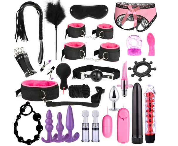 26-Piece Couples Bondage Kit with Cuffs, Nipple Clamps and Anal Plugs
