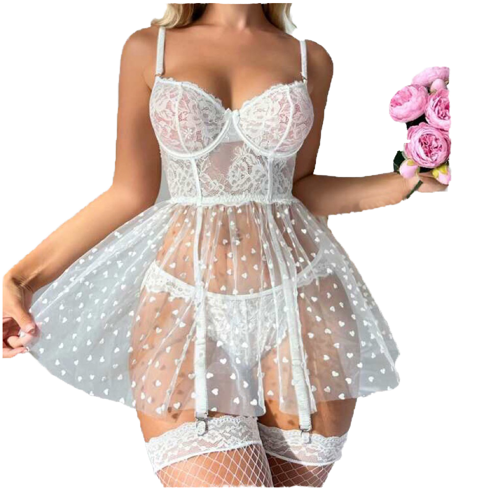 White Lace Bridal Babydoll with Heart-Print Tulle Skirt & Garter Straps - Image 3