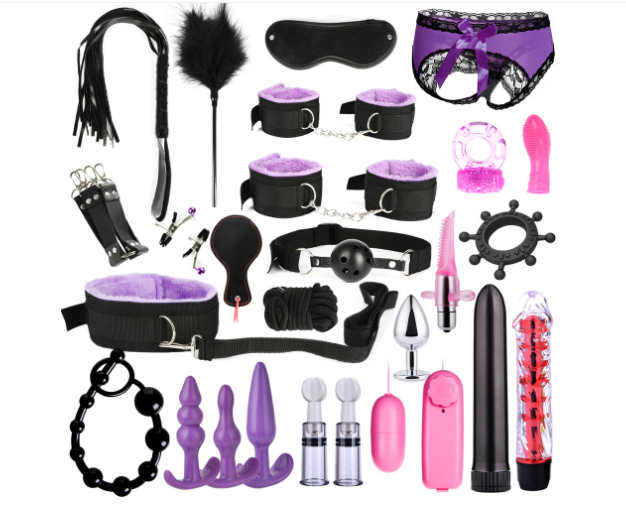 26-Piece Couples Bondage Kit with Cuffs, Nipple Clamps and Anal Plugs