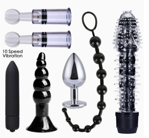 26-Piece BDSM Bondage Kit with Nipple Clamps, Whip and Anal Vibrator