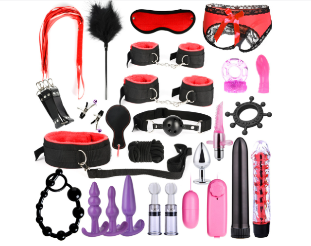 26-Piece Couples Bondage Kit with Cuffs, Nipple Clamps and Anal Plugs