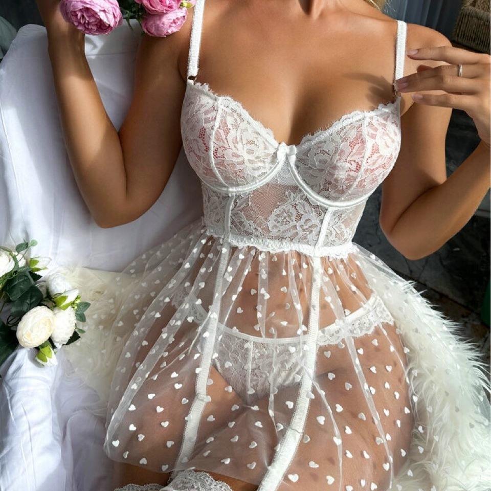 White Lace Bridal Babydoll with Heart-Print Tulle Skirt & Garter Straps - Image 5